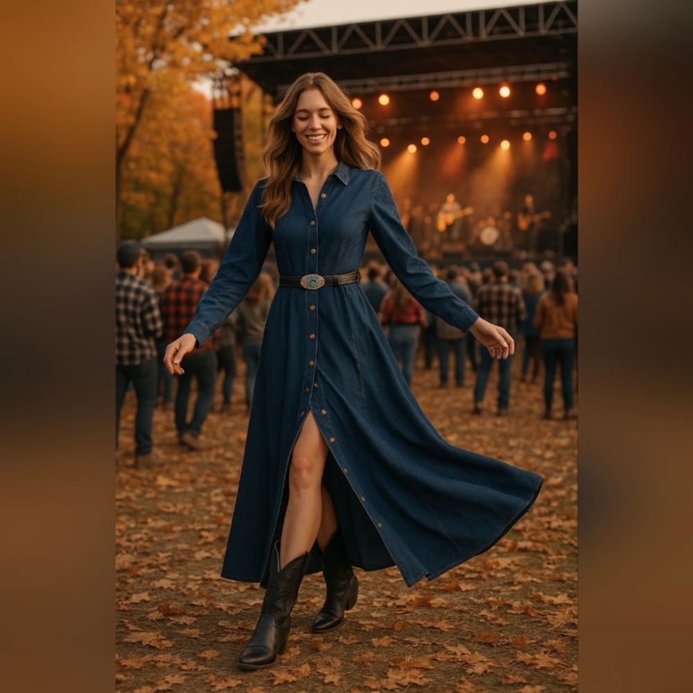 Classic Long-Sleeve Denim Maxi Shirt Dress - Dark Blue
